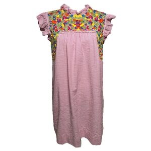 SISTER MARY Striped Embroidered Floral Dress Medium Seer Sucker Boho Ruffle